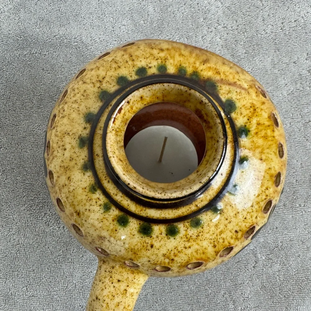 VTG Anton Lang Studios Red Clay Pottery Candle Holder w/ Handle Floral Germany
